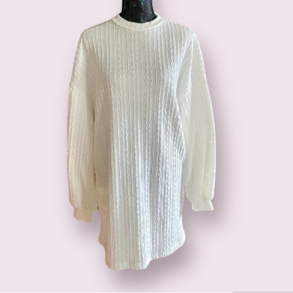 Drop Shoulder Chunky Ribbed Cable Knit Long Sleeve Dress in White